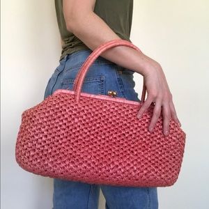 Vintage Pink Straw Raffia Woven Handbag